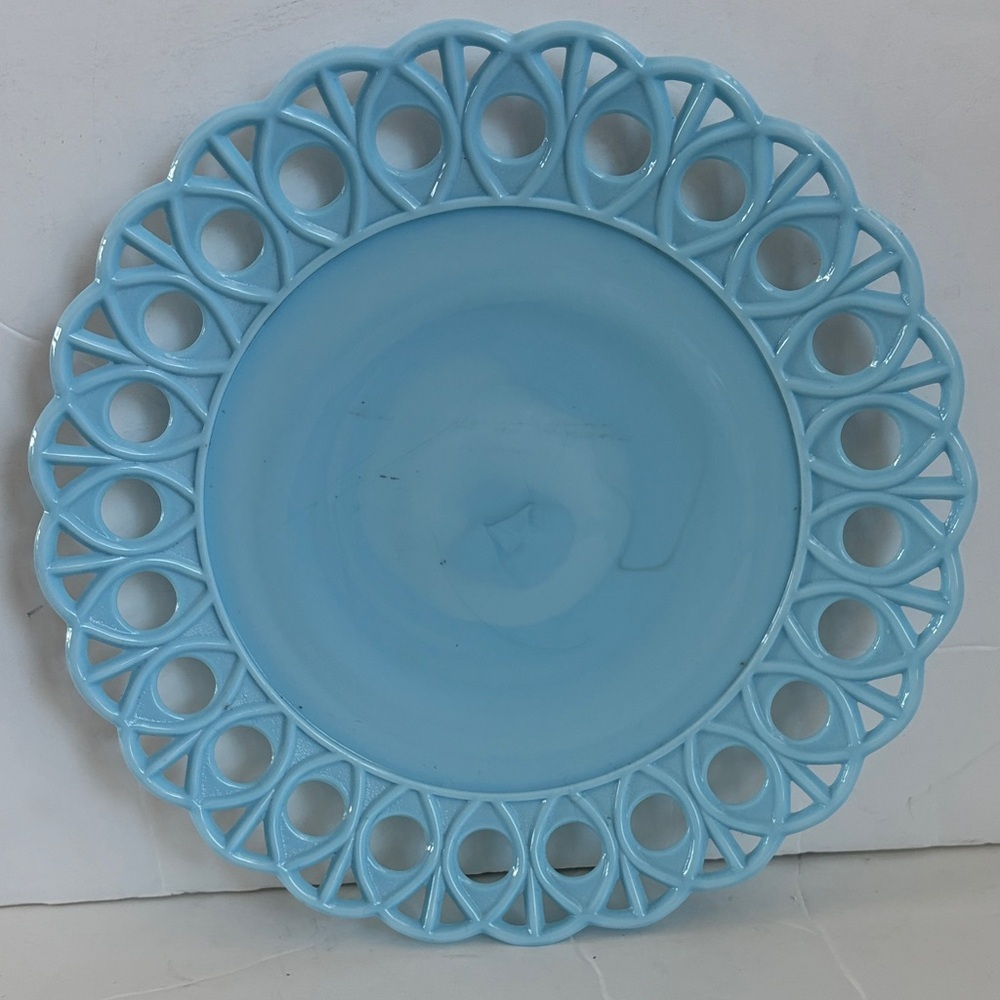 Challinor & Taylor blue milk glass slag glass 8” and 10” scroll and eye plates - Picture 1 of 14